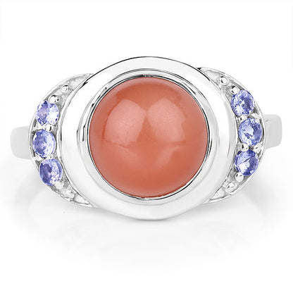 3.01 Carat Genuine Peach Moonstone and Tanzanite .925 Sterling Silver Ring