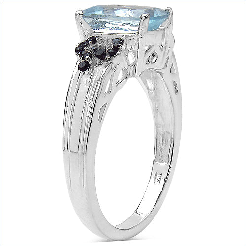 1.92 Carat Genuine Aquamarine & Black Spinel .925 Sterling Silver Ring