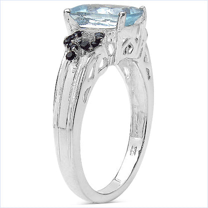 1.92 Carat Genuine Aquamarine & Black Spinel .925 Sterling Silver Ring