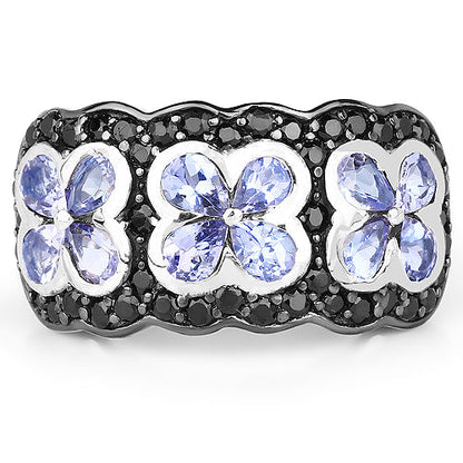 14K Yellow Gold Plated 2.60 Carat Genuine Tanzanite and Black Spinel .925 Sterling Silver Ring