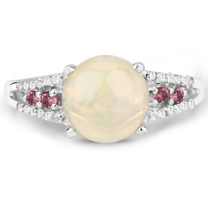 2.05 Carat Genuine Ethiopian Opal, Pink Tourmaline and White Topaz .925 Sterling Silver Ring