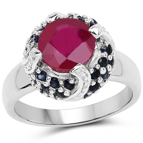 3.70 Carat Glass Filled Ruby and Blue Sapphire .925 Sterling Silver Ring