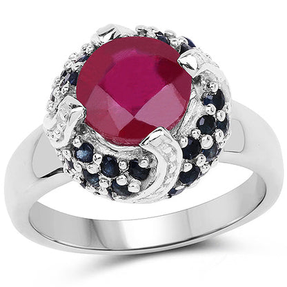 3.70 Carat Glass Filled Ruby and Blue Sapphire .925 Sterling Silver Ring