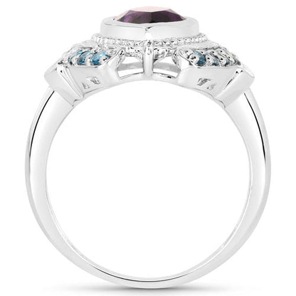 3.06 Carat Genuine Amethyst and London Blue Topaz .925 Sterling Silver Ring