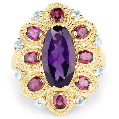 14K Yellow Gold Plated 6.80 Carat Genuine Amethyst, Rhodolite & Blue Topaz .925 Sterling Silver Ring