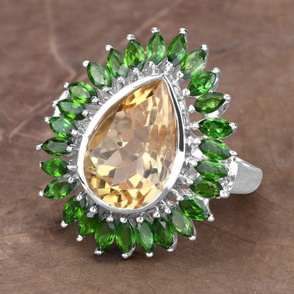 7.02 Carat Genuine Citrine and Chrome Diopside .925 Sterling Silver Ring