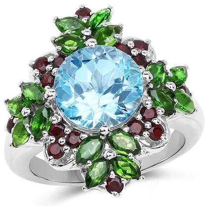 5.76 Carat Genuine Blue Topaz, Chrome Diopside & Garnet .925 Sterling Silver Ring