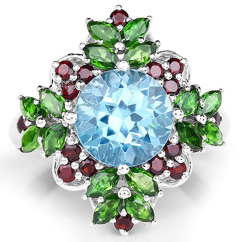 5.76 Carat Genuine Blue Topaz, Chrome Diopside & Garnet .925 Sterling Silver Ring