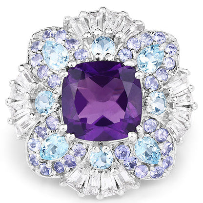 8.38 Carat Genuine Multi Stones .925 Sterling Silver Ring
