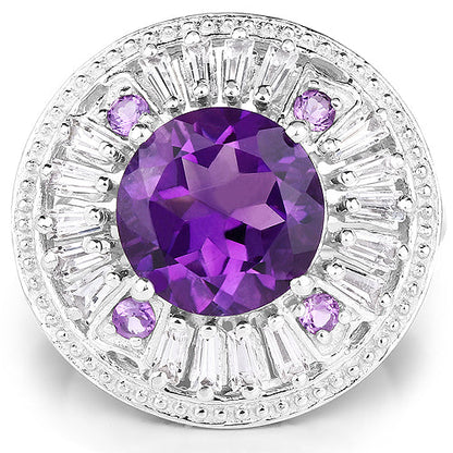 5.58 Carat Genuine Amethyst and White Topaz .925 Sterling Silver Ring