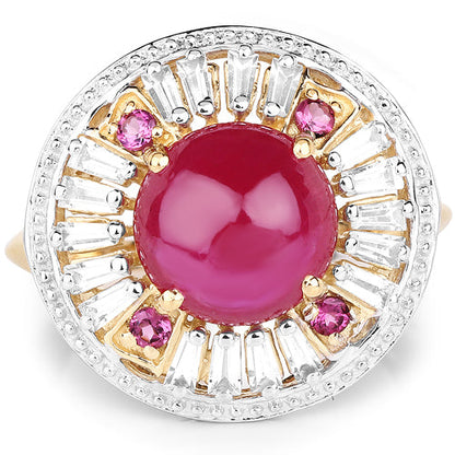 14K Yellow Gold Plated 8.91 Carat Genuine Glass Filled Ruby, Rhodolite & White Topaz .925 Sterling Silver Ring