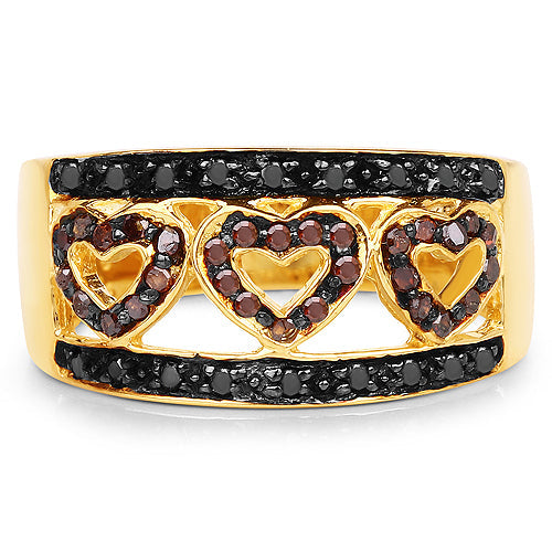 14K Yellow Gold Plated 0.32 Carat Genuine Black Diamond and Red Diamond .925 Sterling Silver Ring