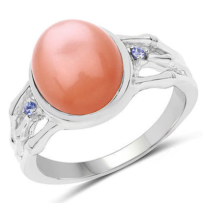 6.54 Carat Genuine Peach Moonstone and Tanzanite .925 Sterling Silver Ring