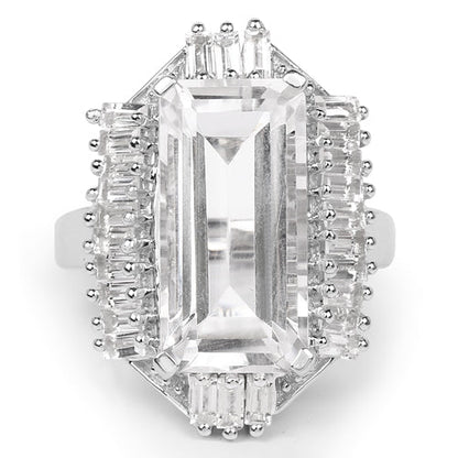 9.77 Carat Genuine Crystal Quartz & White Topaz .925 Sterling Silver Ring