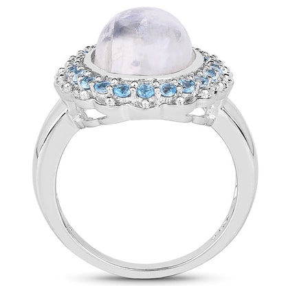 7.21 Carat Genuine White Rainbow Moonstone & Swiss Blue Topaz .925 Sterling Silver Ring