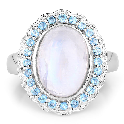 7.21 Carat Genuine White Rainbow Moonstone & Swiss Blue Topaz .925 Sterling Silver Ring