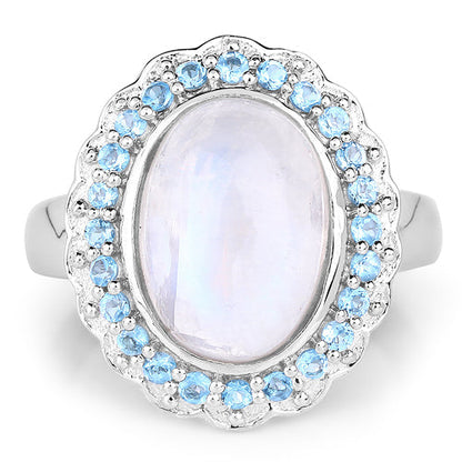 7.21 Carat Genuine White Rainbow Moonstone & Swiss Blue Topaz .925 Sterling Silver Ring