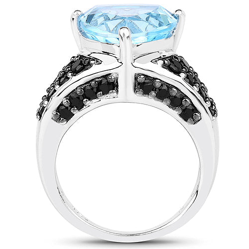 5.49 Carat Genuine Blue Topaz and Black Spinel .925 Sterling Silver Ring