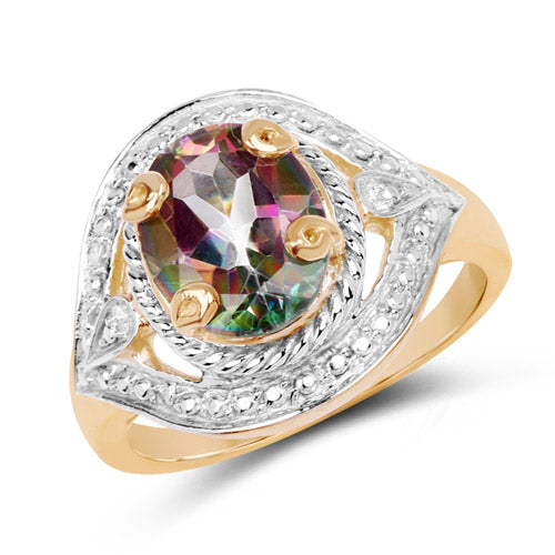 14K Yellow Gold Plated 3.15 Carat Genuine Quartz Mystic .925 Sterling Silver Ring