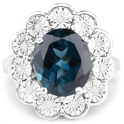 5.11 Carat Genuine London Blue Topaz and White Diamond .925 Sterling Silver Ring
