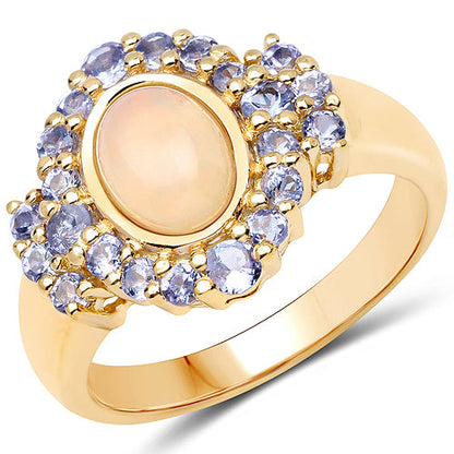 14K Yellow Gold Plated 1.74 Carat Genuine Ethiopian Opal and Tanzanite .925 Sterling Silver Ring