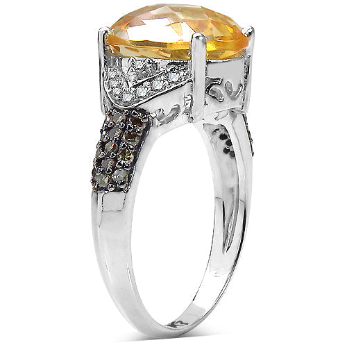 4.69 Carat Genuine Citrine, Champagne Diamond & White Diamond .925 Sterling Silver Ring