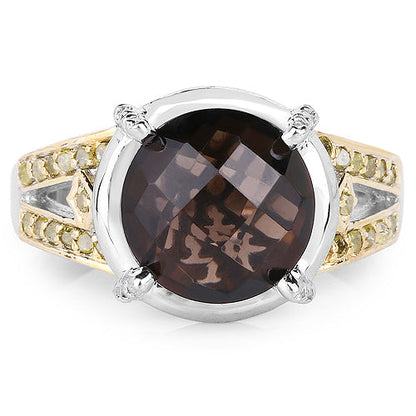 3.28 Carat Genuine Smoky Quartz, Yellow Diamond & White Diamond .925 Sterling Silver Ring