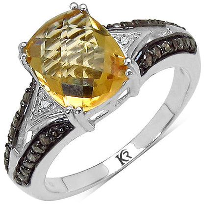 2.82 Carat Genuine Citrine, Champagne Diamond & White Diamond .925 Sterling Silver Ring