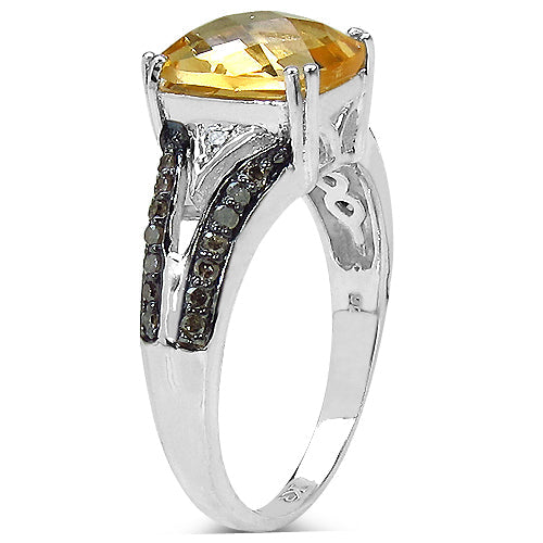 2.82 Carat Genuine Citrine, Champagne Diamond & White Diamond .925 Sterling Silver Ring