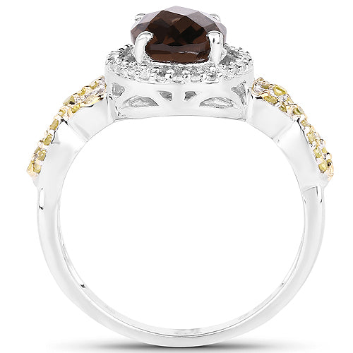 1.90 Carat Genuine Smoky Quartz, Yellow Diamond & White Diamond .925 Sterling Silver Ring