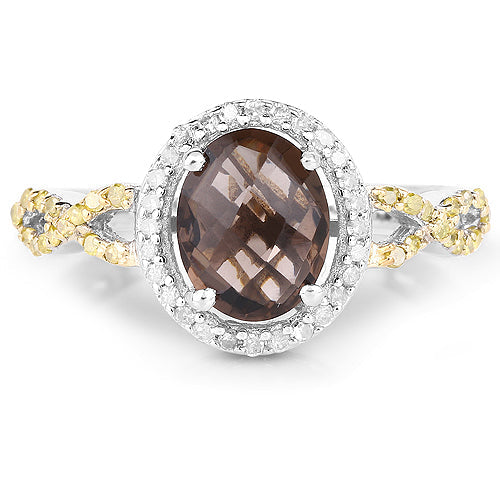 1.90 Carat Genuine Smoky Quartz, Yellow Diamond & White Diamond .925 Sterling Silver Ring