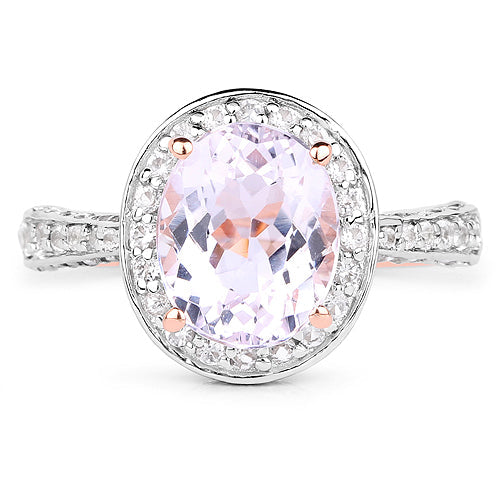 14K Rose Gold Plated 3.86 Carat Genuine Kunzite and White Zircon .925 Sterling Silver Ring