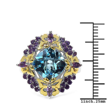 5.66 Carat Genuine Blue Topaz, Amethyst & White Diamond .925 Sterling Silver Ring