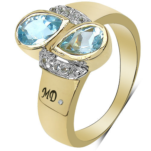 14K Yellow Gold Plated 1.86 Carat Genuine Blue Topaz, White Topaz & White Diamond .925 Sterling Silver Ring
