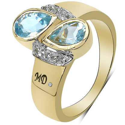 14K Yellow Gold Plated 1.86 Carat Genuine Blue Topaz, White Topaz & White Diamond .925 Sterling Silver Ring