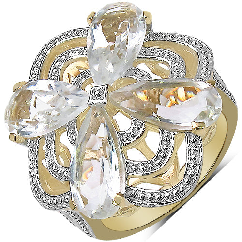 14K Yellow Gold Plated 6.69 Carat Genuine Crystal Quartz & White Diamond .925 Sterling Silver Ring