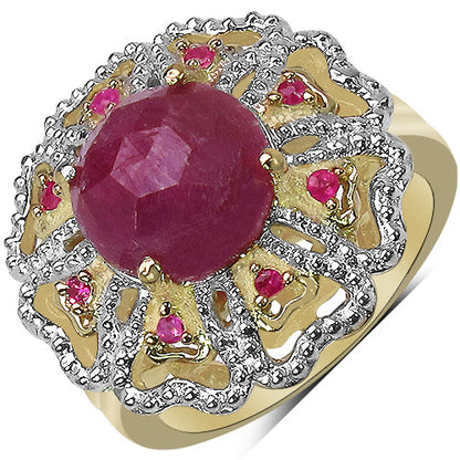 14K Yellow Gold Plated 5.56 Carat Genuine Pink Sapphire, Ruby & White Diamond .925 Sterling Silver Ring