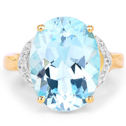 14K Yellow Gold Plated 11.32 Carat Genuine Blue Topaz and White Topaz .925 Sterling Silver Ring