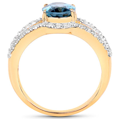14K Yellow Gold Plated 2.30 Carat Genuine London Blue Topaz and White Topaz .925 Sterling Silver Ring