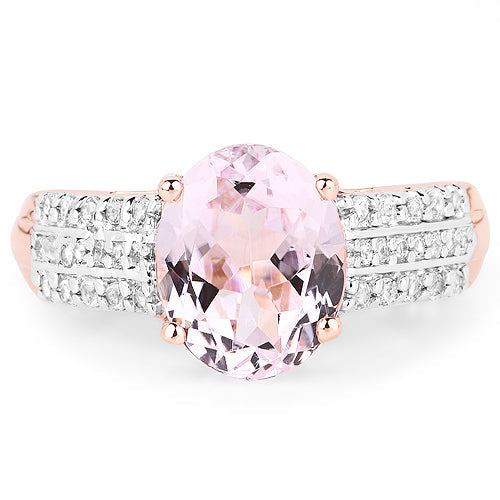 14K Rose Gold Plated 3.27 Carat Genuine Kunzite Oval and White Zircon .925 Sterling Silver Ring Ring