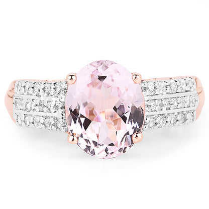 14K Rose Gold Plated 3.27 Carat Genuine Kunzite Oval and White Zircon .925 Sterling Silver Ring Ring