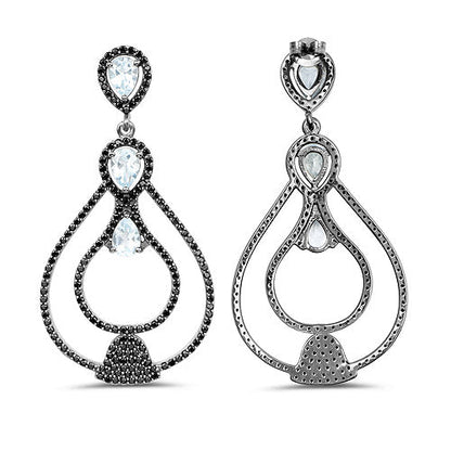 8.81 Carat Genuine Blue Topaz and Black Spinel .925 Sterling Silver Earrings