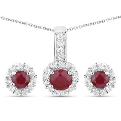 2.17 Carat Genuine Ruby and White Topaz .925 Sterling Silver Jewelry Set