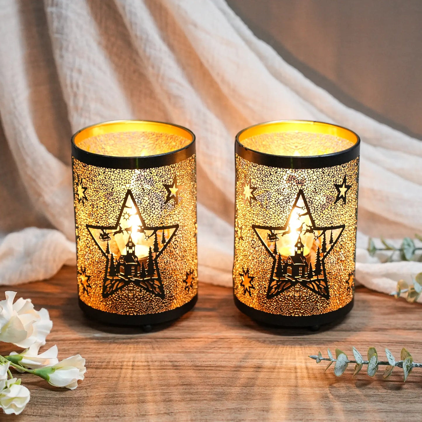 12PCS Etched Star lamp Battery Operated 6.5" H Bronze Metal Table Lamp with 6H Timer Decorations for Living Room Tabletop Parties Patio Entryway Indoors Outdoors