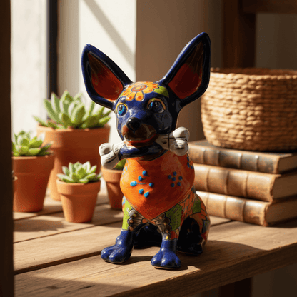 Talavera Chihuahua Dog Statue With Bone | Colorful Decor