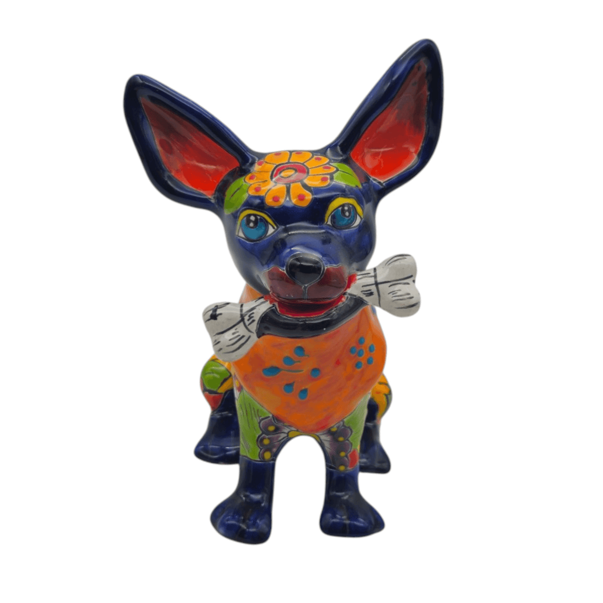 Talavera Chihuahua Dog Statue With Bone | Colorful Decor