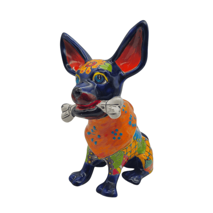 Talavera Chihuahua Dog Statue With Bone | Colorful Decor