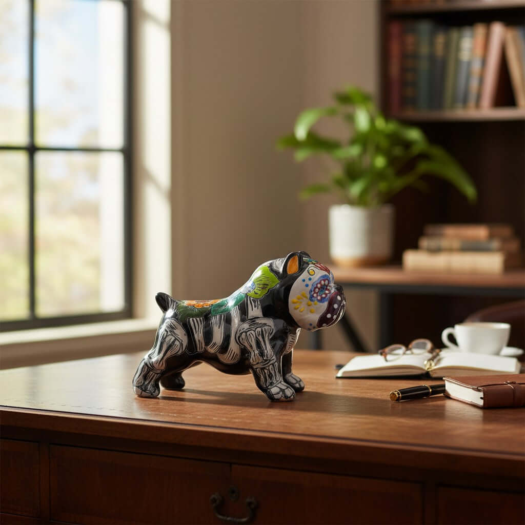 Talavera Cropped Ear Dog Statue | Day of the Dead Design