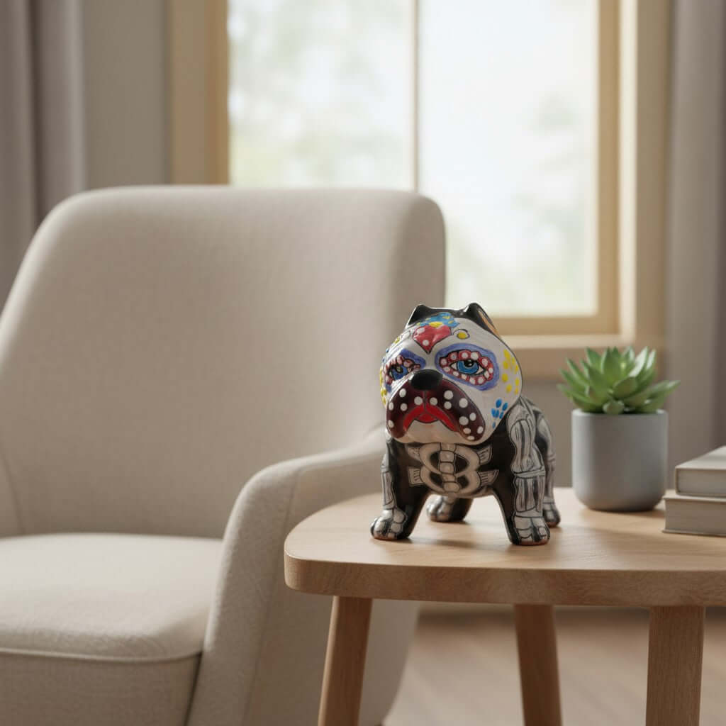 Talavera Cropped Ear Dog Statue | Day of the Dead Design