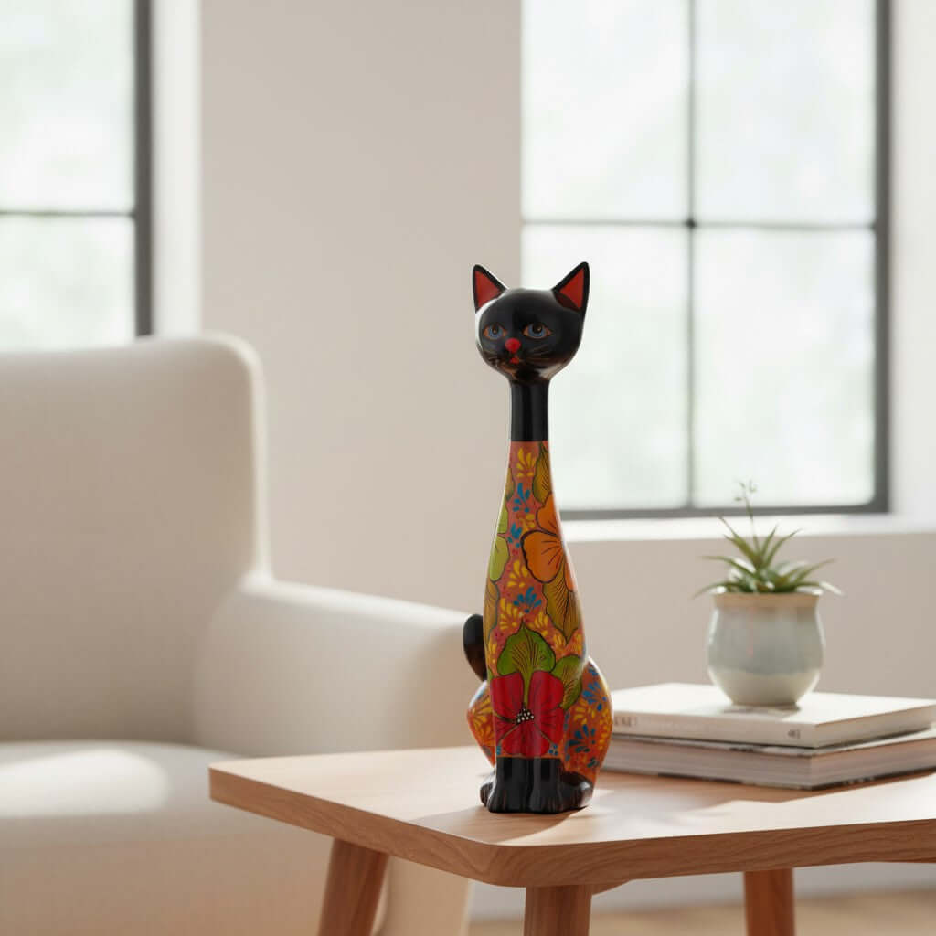 Tall Talavera Cat Statue | Floral Terracotta Design
